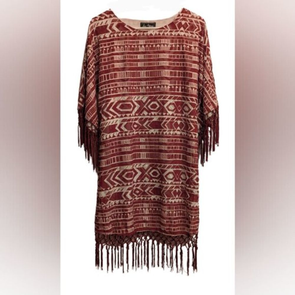 EUC Sam Edelman maroon/white Aztec print fringe hemlines 3/4 sleeve sheath dress